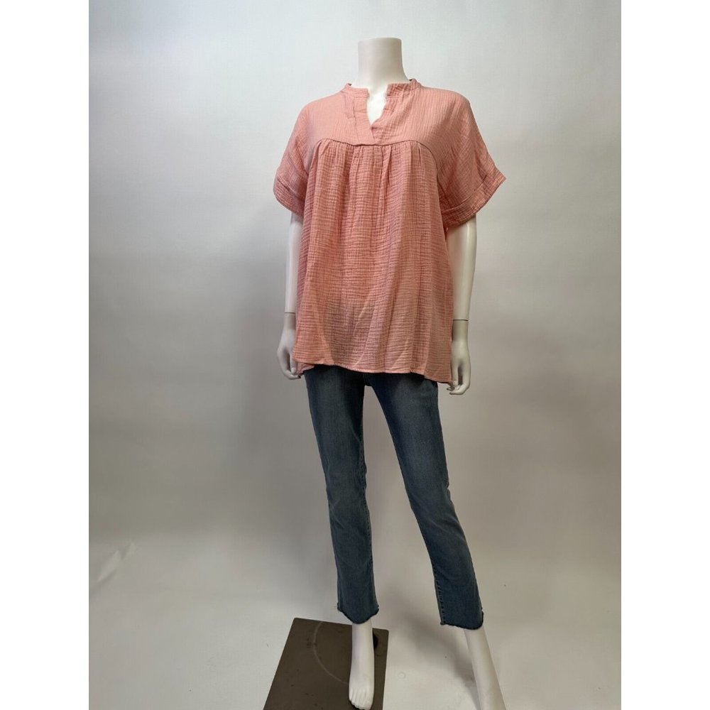 Spice Rose Short Cap Sleeve Pink Cotton V-Neck Top
